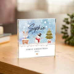 Personalised Baby’s First Christmas Acrylic Block – Cute Snowman and Reindeer Winter Keepsake Gift for Newborn Girl or Boy