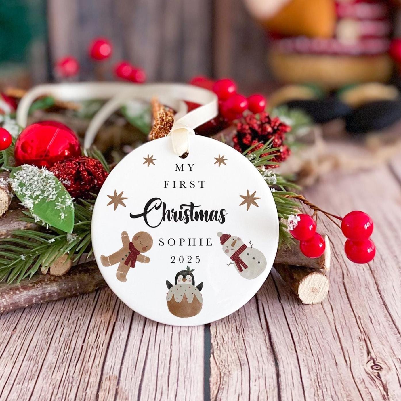 Personalised Baby’s First Christmas Ceramic Ornament – Custom Name Xmas Festive Keepsake Tree Decoration Gift for Son Daughter Grandchild