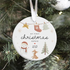 Personalised Baby’s First Christmas Ceramic Ornament Gift for Son Daughter Grandchild Custom Name Snowman and Reindeer Tree Decoration