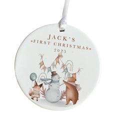 Personalised Baby’s First Christmas Ceramic Ornament Woodland Animals Snowman Tree Decor Custom Name New Baby Gift