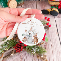 Personalised Baby’s First Christmas Ceramic Ornament Woodland Animals Snowman Tree Decor Custom Name New Baby Gift