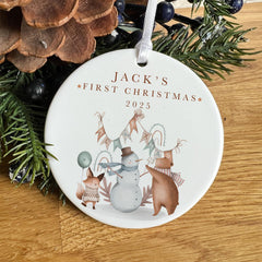 Personalised Baby’s First Christmas Ceramic Ornament Woodland Animals Snowman Tree Decor Custom Name New Baby Gift