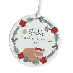Personalised Baby’s First Christmas Ceramic Ornament – Woodland Fox Wreath Tree Decor – New Baby Gift for Child Niece Nephew Grandchild