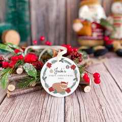 Personalised Baby’s First Christmas Ceramic Ornament – Woodland Fox Wreath Tree Decor – New Baby Gift for Child Niece Nephew Grandchild