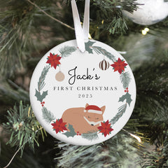 Personalised Baby’s First Christmas Ceramic Ornament – Woodland Fox Wreath Tree Decor – New Baby Gift for Child Niece Nephew Grandchild