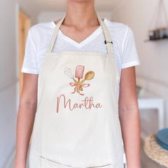 Personalised Baking Apron with Name and Cute Kitchen Utensils Design for Her Floral Kitchen Mother's Day Birthday Christmas Gift