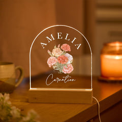 Personalised Birth Flower LED Night Light Birthday Gift for Her Sister Mum Friend Wife with Name & Birth Month Floral Keepsake Bedroom Decor