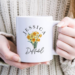 Personalised Birth Flower Mug with Name Elegant Floral Design Gift for Her Birthday Keepsake Coffee Cup for Mum Friend or Sister