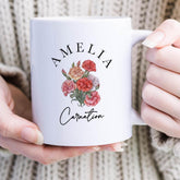 Personalised Birth Flower Mug with Name Elegant Floral Design Gift for Her Birthday Keepsake Coffee Cup for Mum Friend or Sister