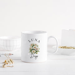 Personalised Birth Flower Mug with Name Elegant Floral Design Gift for Her Birthday Keepsake Coffee Cup for Mum Friend or Sister