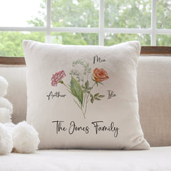Personalised Birth Flowers Cushion With Names Family Gift For A Mum Dad