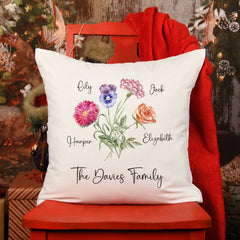 Personalised Birth Flowers Cushion With Names Family Gift For A Mum Dad