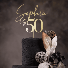 Personalised Birthday Cake Topper, Custom Name & Age, Wooden Gold Silver Rose Gold Black, 40th - 60th Celebration Decoration