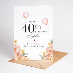 Personalised Birthday Card for Her ANY AGE and Custom Name for her Card with Pink Balloons and Floral Design for Mum Wife Sister Friend