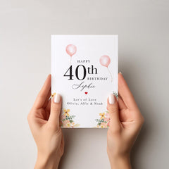 Personalised Birthday Card for Her ANY AGE and Custom Name for her Card with Pink Balloons and Floral Design for Mum Wife Sister Friend