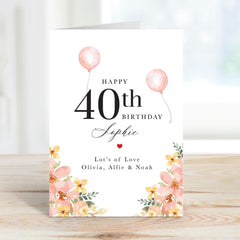 Personalised Birthday Card for Her ANY AGE and Custom Name for her Card with Pink Balloons and Floral Design for Mum Wife Sister Friend