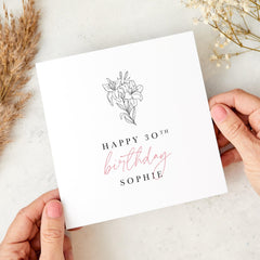 Personalised Birthday Card for Her – Custom Name and Age – Elegant Floral Design – Minimalist Birthday Keepsake for Daughter Sister Friend