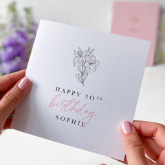 Personalised Birthday Card for Her – Custom Name and Age – Elegant Floral Design – Minimalist Birthday Keepsake for Daughter Sister Friend