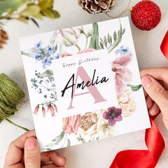 Personalised Birthday Card for Her Custom Name with Floral Initial and Elegant Botanical Design Thoughtful Gift for Mum Daughter Friend