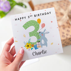 Personalised Birthday Card for Kids Custom Name and Age Cute Animal Design with Balloons for son daughter nephew niece grandchild