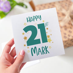 Personalised birthday card with age and name to a friend son dad daughter brother fiancé husband nephew Happy 18 21 30 40 50 60 70 birthday