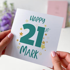 Personalised birthday card with age and name to a friend son dad daughter brother fiancé husband nephew Happy 18 21 30 40 50 60 70 birthday