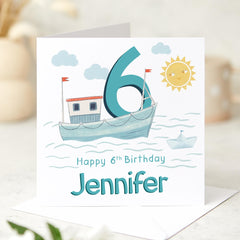 Personalised Birthday Card with Boat Theme for Boys or Girls – Custom Name and Age – Nautical Design Keepsake for Children - Marine Birthday