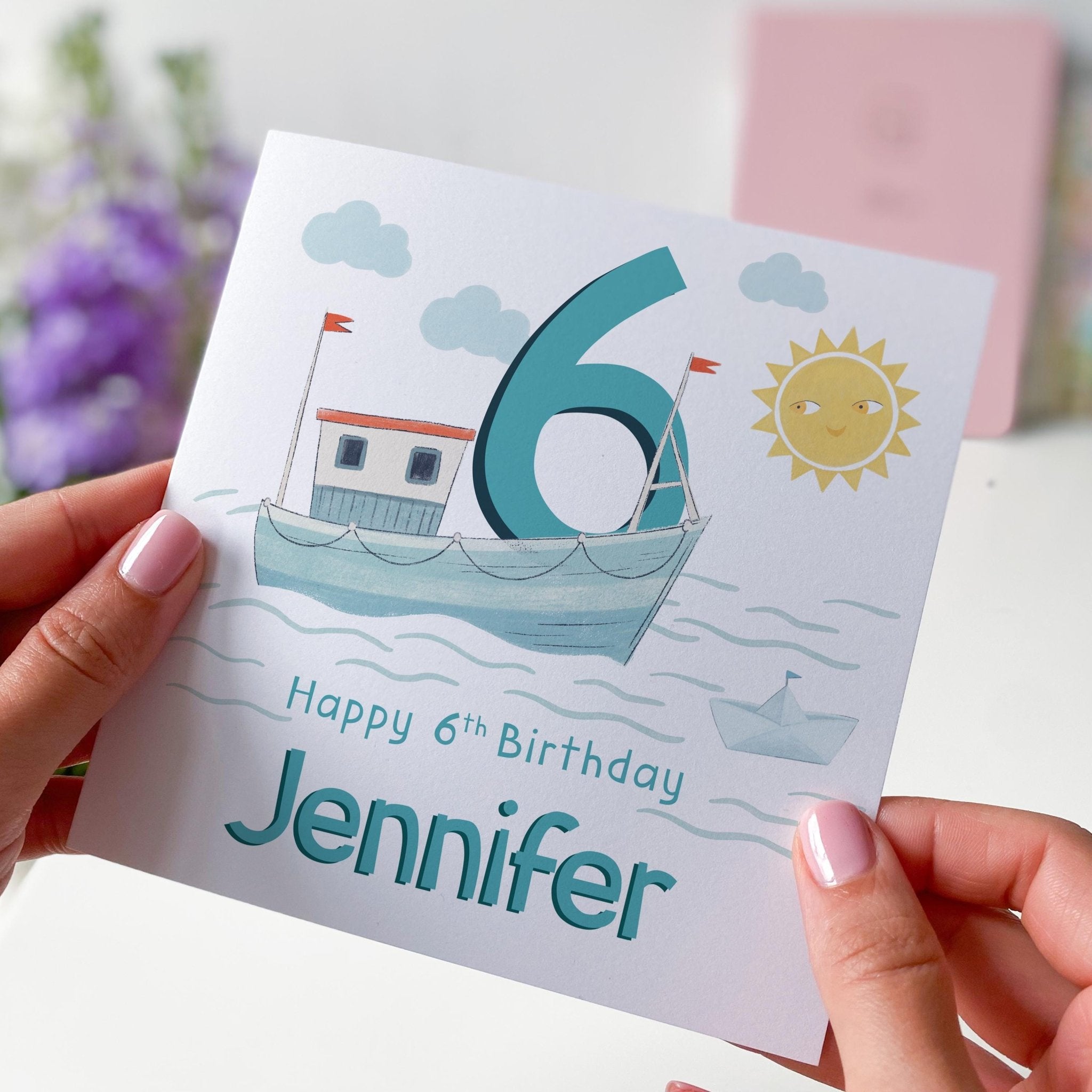 Personalised Birthday Card with Boat Theme for Boys or Girls – Custom Name and Age – Nautical Design Keepsake for Children - Marine Birthday