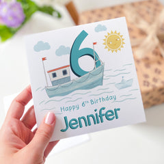 Personalised Birthday Card with Boat Theme for Boys or Girls – Custom Name and Age – Nautical Design Keepsake for Children - Marine Birthday