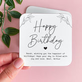 Personalised Birthday Coaster Gift for Her Elegant Black White Floral Design with Name and Your Message Unique Keepsake Gift for Friend