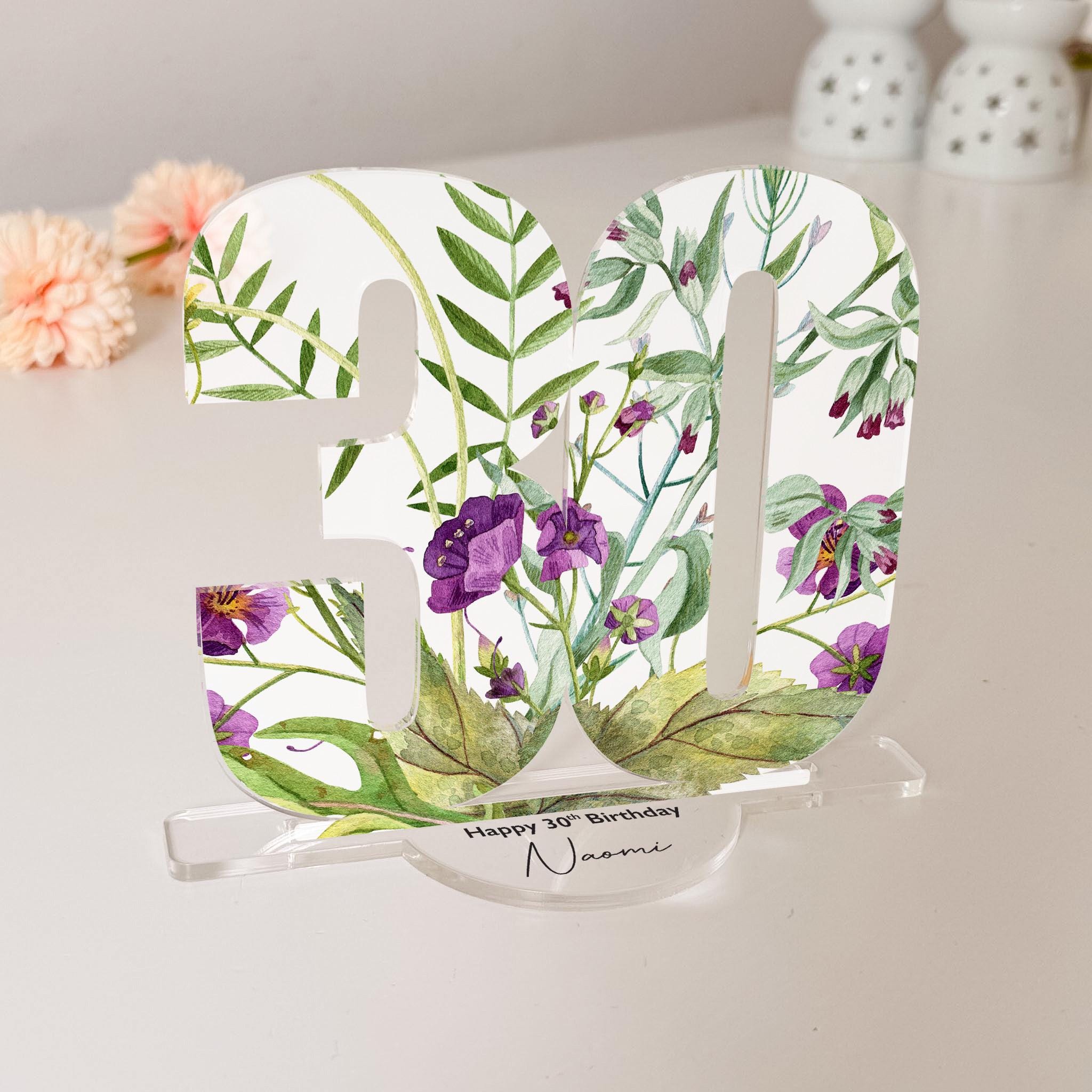 Personalised Birthday Floral Acrylic Number Sign Milestone 30th 40th 50th Age Gift Her