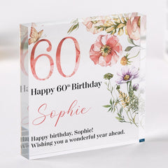 Personalised Birthday Gift for Her ALL AGES Acrylic Plaque Gift with Floral Design Keepsake Elegant Milestone Display 30th 40th 50th 60th 70