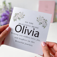 Personalised Bride Wedding Day Card Beautiful Bride Card with Name Floral Wedding Card Sentimental Keepsake for Her Bridal Shower Hen Party