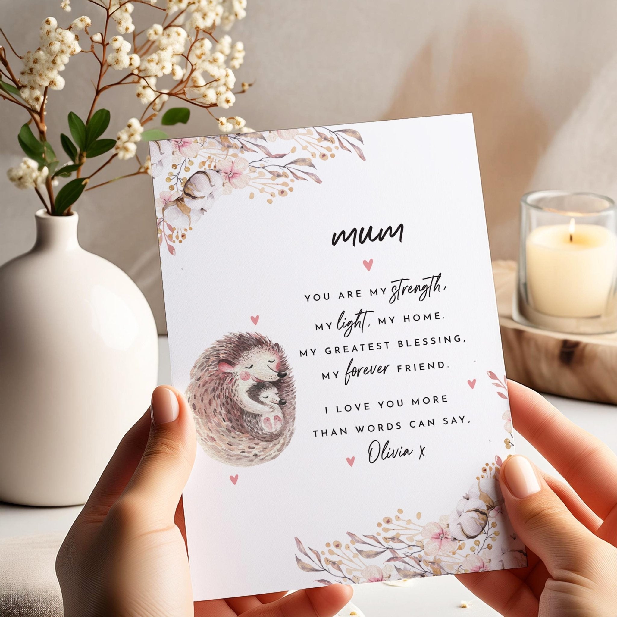 Personalised Card for Mum from Daughter or Son Cute Hedgehog Heartfelt Message Mother's Day Christmas or Mum's Birthday Card for Mummy Mama