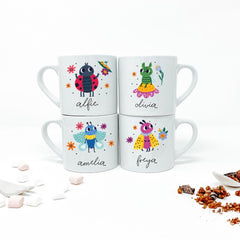 Personalised Children’s Gift – Cute Bug Character Mug with Name – Ladybird, Caterpillar, Bee and Butterfly Design Kids Gift