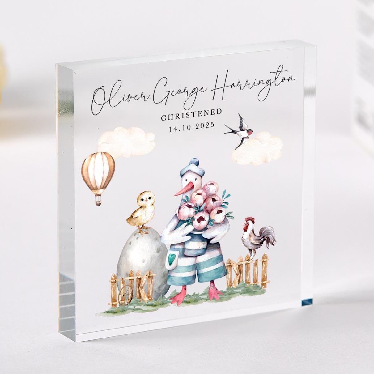 Personalised Christening Gift CHRISTENED or BAPTISED Farmyard Themed Acrylic Block Custom Keepsake for Baby Stork Farm Design Name Date