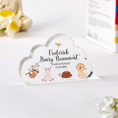 Personalised Christening Gift Cloud - Shaped Acrylic Plaque with Safari Animals Custom Keepsake with Name Date Baby Boy Girl Baptism Present