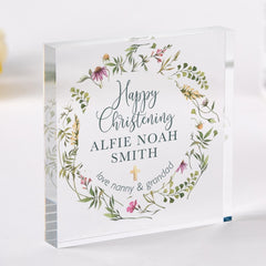 Personalised Christening Gift for Godson Goddaughter Grandson Granddaughter Custom Name Acrylic Plaque with Floral Wreath Baptism Keepsake