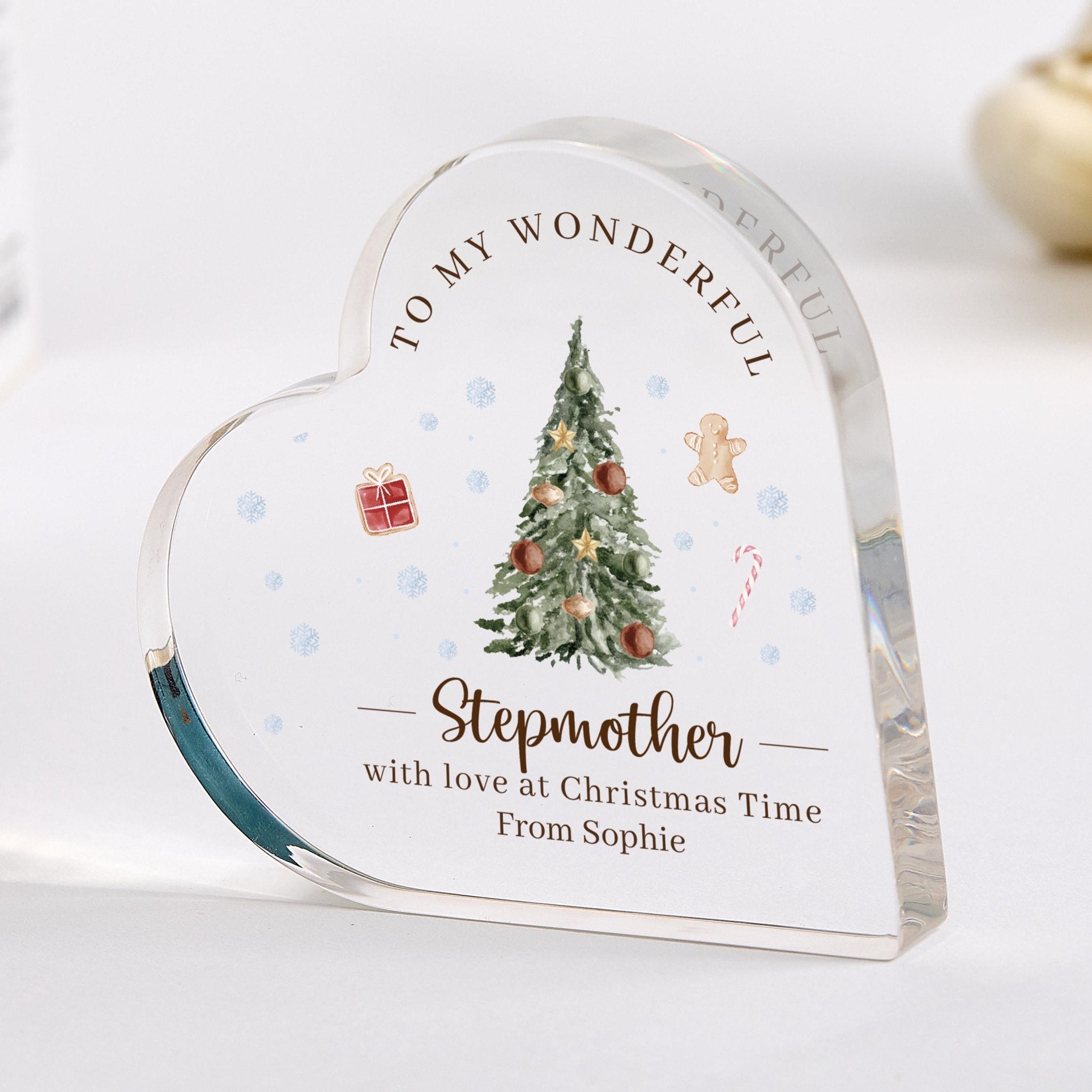 Personalised Christmas Acrylic Plaque Gift for Stepmother – Custom Heart Keepsake Ornament from Stepchild Holiday Present