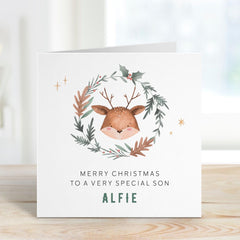 Personalised Christmas Card for Son Cute Reindeer Wreath Design Custom Festive Xmas Greeting from Mum and Dad for Little Boy Baby Boy