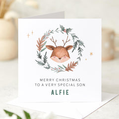 Personalised Christmas Card for Son Cute Reindeer Wreath Design Custom Festive Xmas Greeting from Mum and Dad for Little Boy Baby Boy