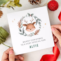 Personalised Christmas Card for Son Cute Reindeer Wreath Design Custom Festive Xmas Greeting from Mum and Dad for Little Boy Baby Boy