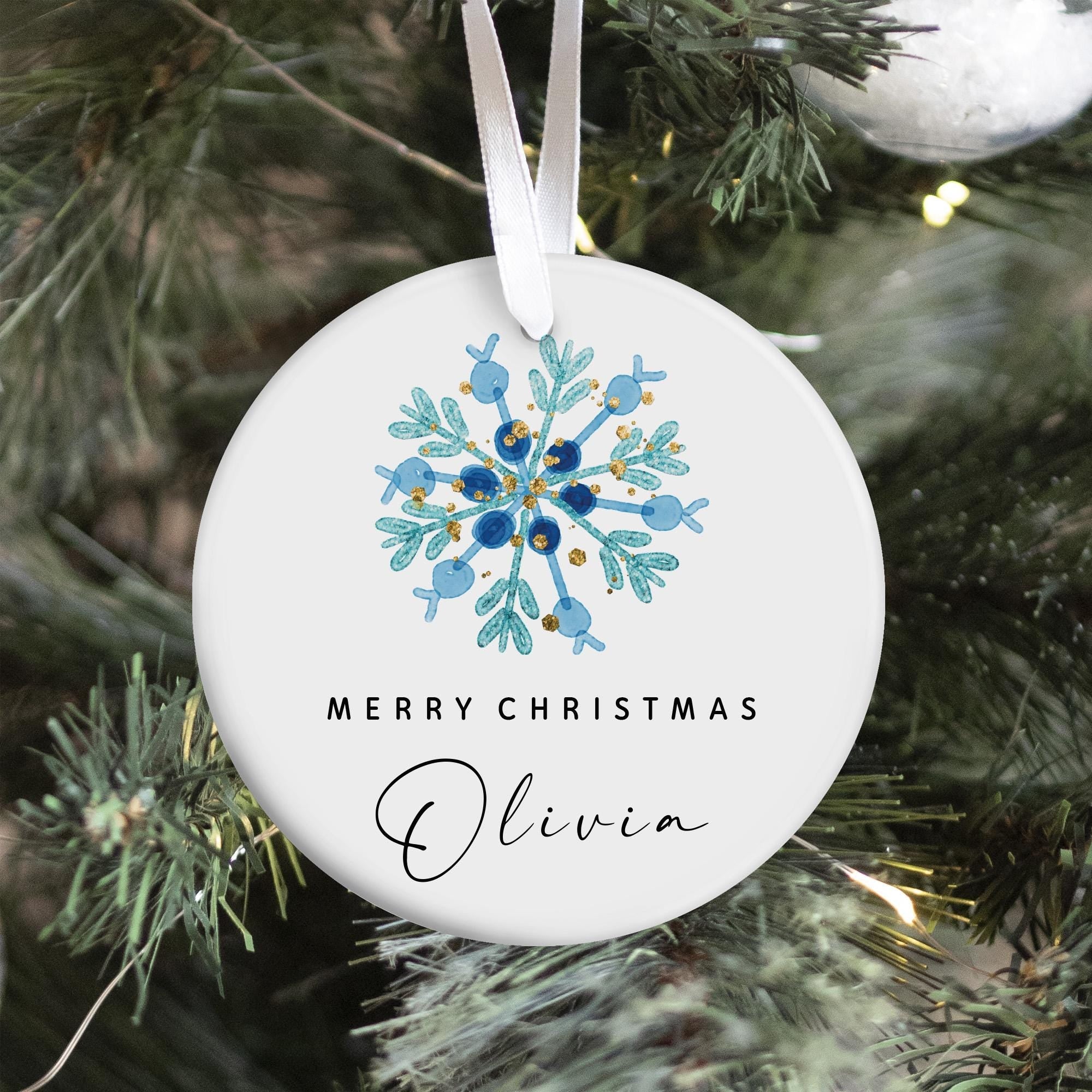 Personalised Christmas Ceramic Ornament Custom Name Blue Snowflake Winter Decoration Keepsake Gift for Child or Adult Xmas Gift Ornament