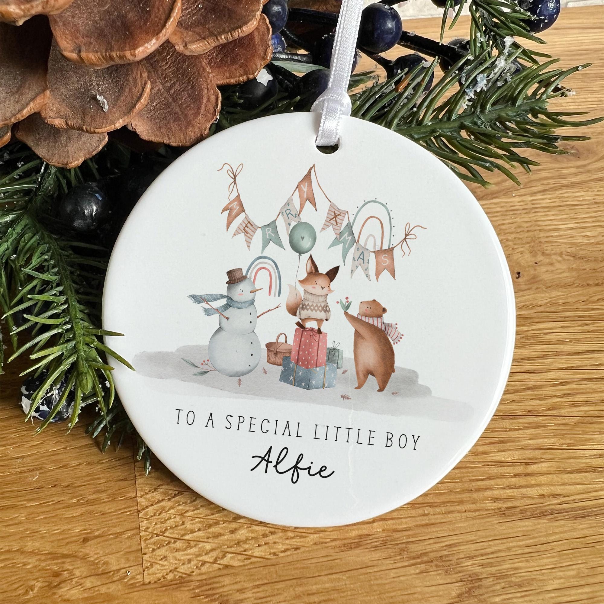 Personalised Christmas Ceramic Ornament for Little Boy Custom Name Festive Decoration Keepsake Gift for Son, Grandson or Nephew