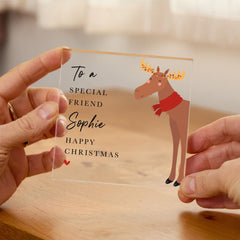 Personalised Christmas Gift for Friend Cute Reindeer Acrylic Plaque Keepsake for Bestie Fun Present for Her or Him
