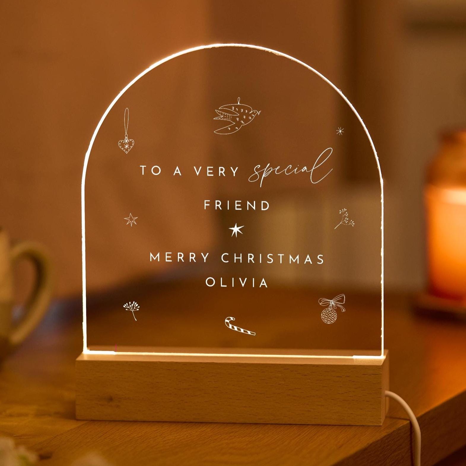 Personalised Christmas Gift for Friend LED Light Plaque Keepsake for Bestie, Best Friends or Colleague Festive Night Light for Her or Him