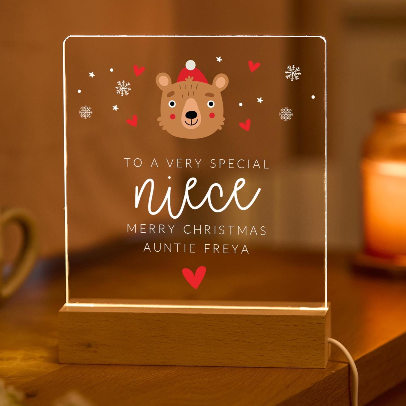 Personalised Christmas Gift for Niece LED Night Light Plaque Festive Lamp from Auntie or Uncle