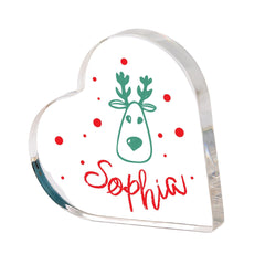 Personalised Christmas Heart Acrylic Plaque Cute Reindeer Design Keepsake with Name Gift for Child or Baby