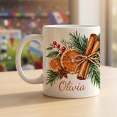 Personalised Christmas Mug, Custom Name Festive Gift, Orange & Cinnamon Design