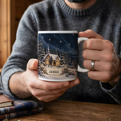 Personalised Christmas Mug, Custom Name Winter Cottage Gift